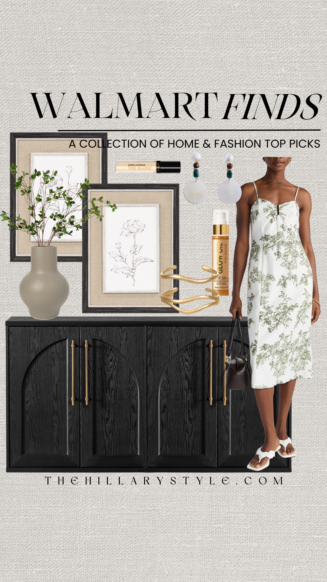 Walmart Summer Finds: Black & Sage Organic Aesthetic
Embrace a moody neutral palette with these gorgeous new summer arrivals from Walmart. Bringing a touch of quiet luxury and warm minimalism to both your home and wardrobe, this curated collection highlights rich black tones and soft sage green details. The stunning black arch-detailed sideboard creates the perfect grounding piece for a modern organic home refresh, beautifully complemented by botanical art and earthy textures. Pair the look with an effortless green floral summer midi dress, golden glow essentials, and elevated statement jewelry for a chic, timeless look. 

 #TheHillaryStyle #WalmartFinds #WalmartHome #WalmartStyle #ModernOrganic #WarmMinimalism #SummerAesthetic #QuietLuxury #ElevatedBasics #HomeRefresh #SummerDress #MoodyNeutrals 

#LTKootd #LTKSeasonal #LTKHome