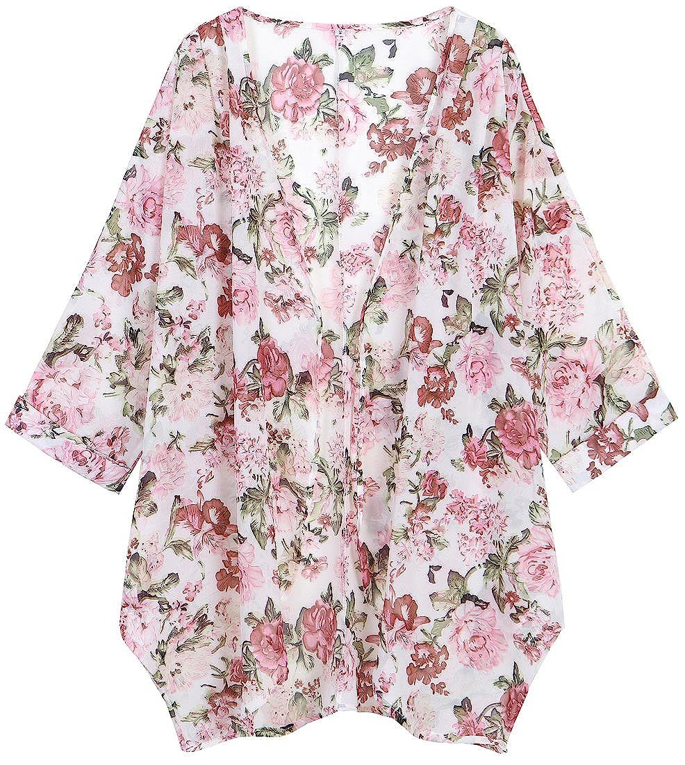 OLRAIN Women's Floral Print Sheer Loose Kimono Cardigan Capes | Amazon (US)