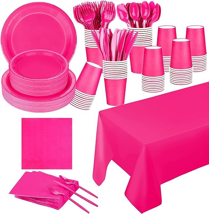 TWOWYHI 229PCS Hot Pink Party Supplies Set - Paper Disposable Plates Cups Plastic Spoons Forks Kn... | Amazon (US)