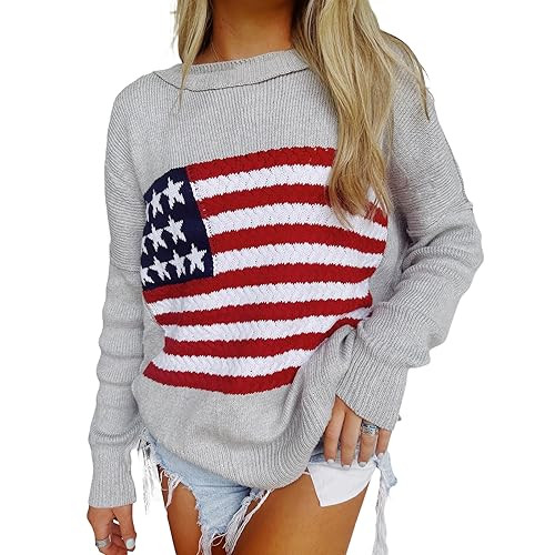 KMBANGI Women American Flag Sweater Graphic Loose Vintage Long Sleeve Crewneck Knitted Jumper Top Patriotic Pullover(Grey,XL) | Amazon (US)