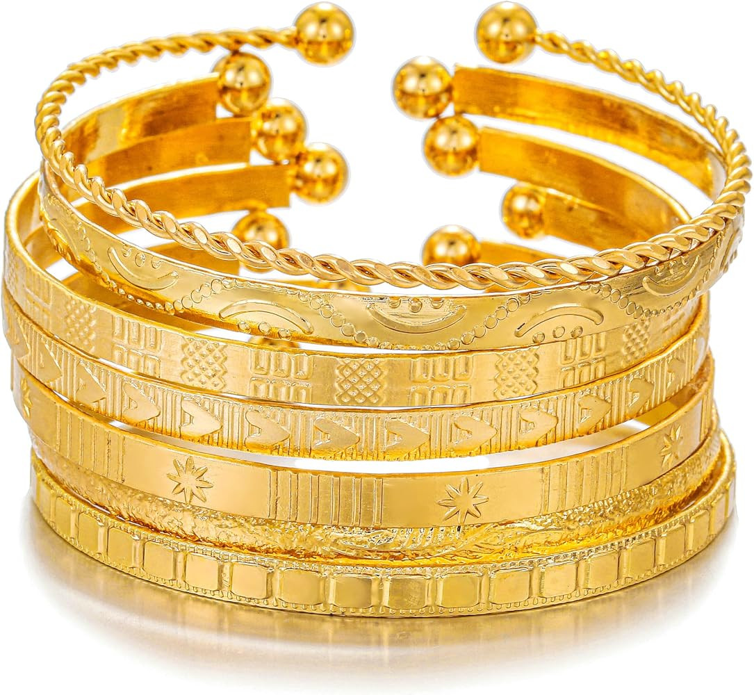 Gold Bangles for Women, 12 Pcs Boho Stackable Bracelets Multi Layer Textured Chunky Bracelets Jew... | Amazon (US)