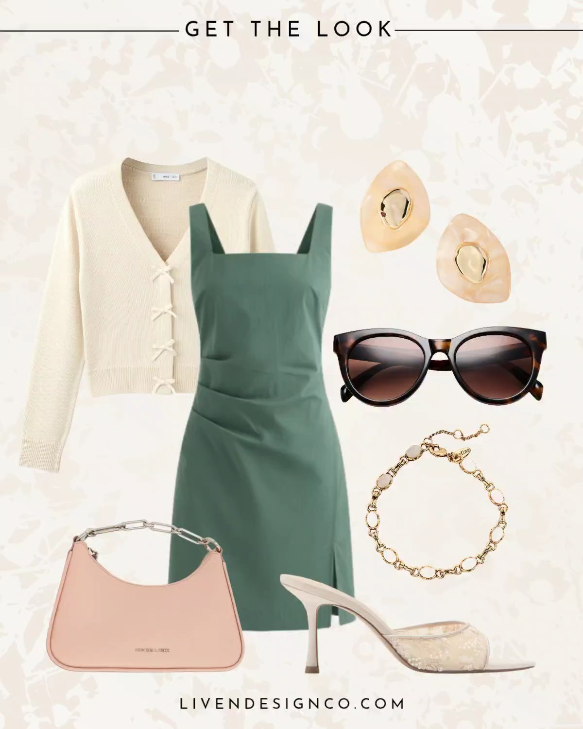 Easter Sunday style. Spring style inspiration. Green short mini dress. Bow cardi. Pink mini handbag. Chain bag. Bracelet. Earrings. Sunglasses. Heels. Kitten heels. Lace heels. 

#LTKSeasonal #LTKSaleAlert
