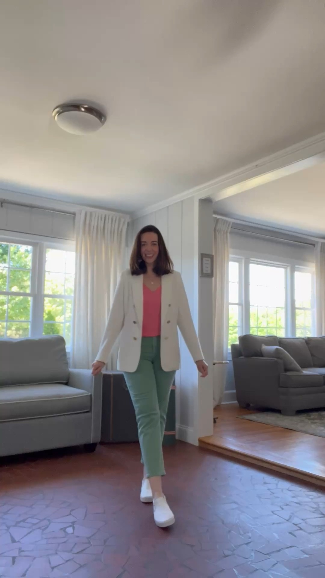 White tweed blazer (s). Salmon colored satin vneck cami (xs). Mint colored mid rise jeans (4). White slip on sneakers (8.5). #blazer #tweedblazer #whiteblazer #cami #vneckcami #cami #satincami #jeans #midrisejeans #mintjeans #sneakers #whitesneakers #sliponsneakers #springoutfit #workoutfit 
spring outfits 2026 
work outfits 
business casual workwear @Express @jcrew @DSW @Electric Picks Jewelry

#LTKWorkwear #LTKSeasonal #LTKootd