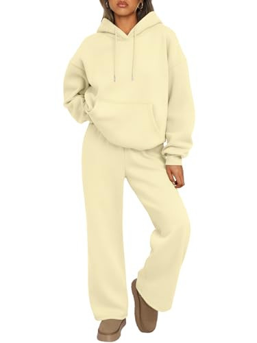 Trendy Queen Womens 2 Piece Outfits Lounge Fall Fashion Sets Oversized Sweatshirts Wide Leg Pants Sweatsuits Winter Clothes LightYellow XL | Amazon (US)