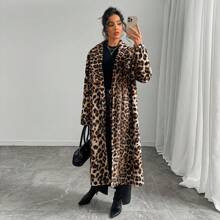 Leopard Faux Fur Oversized Long Coat Women, Rabbit Fur Collar Long Sleeve Jacket | SHEIN