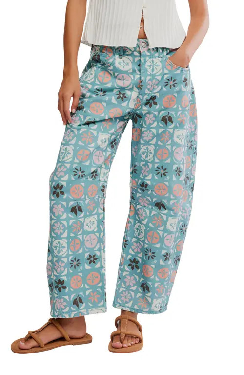 Free People Print Barrel Leg Jeans in Jade Combo/Ditsy Blue at Nordstrom, Size 30 | Nordstrom