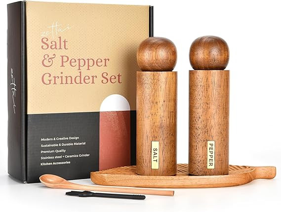 Zettai Wooden Salt & Pepper Grinder Set with Tray, Wooden Salt & Pepper Mill Set (8 inches) For D... | Amazon (US)