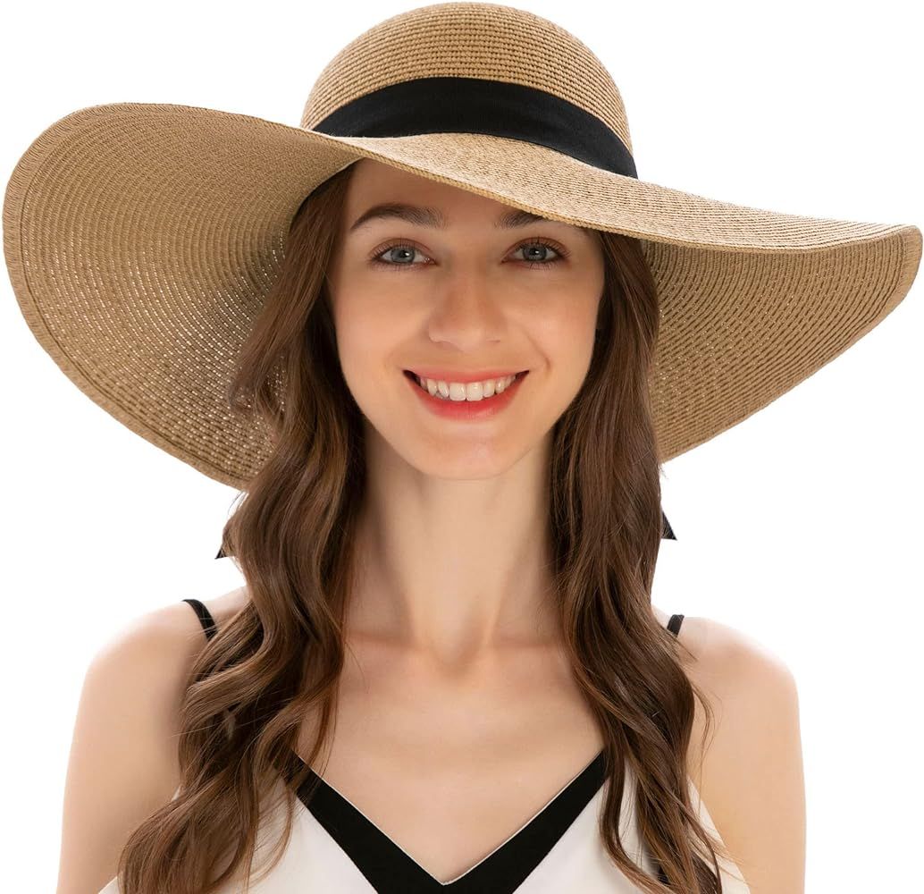 Verabella Sun Hats for Women UV Protection Wide Brim UPF 50 Foldable Floppy Straw Beach Hat with Str | Amazon (US)