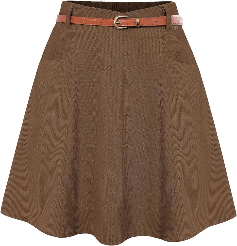 Belle Poque Women Corduroy Skirt with Pockets and Belt Basic Versatile Mini Skater Skirts | Amazon (US)