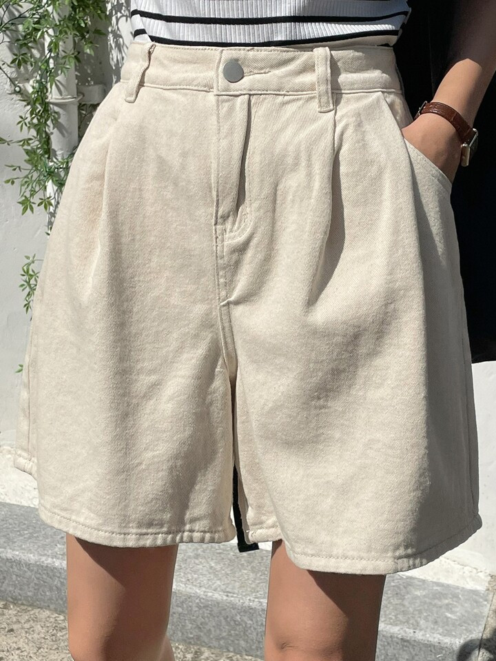 DAZY Bermudas jeans Cintura alta Detalhe dobrado Perna Larga | SHEIN