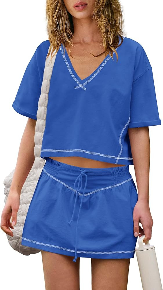 Nirovien Womens 2 Piece Workout Sets Summer Athletic Outfits Short Sleeve Crop Tops and Skirt wit... | Amazon (US)