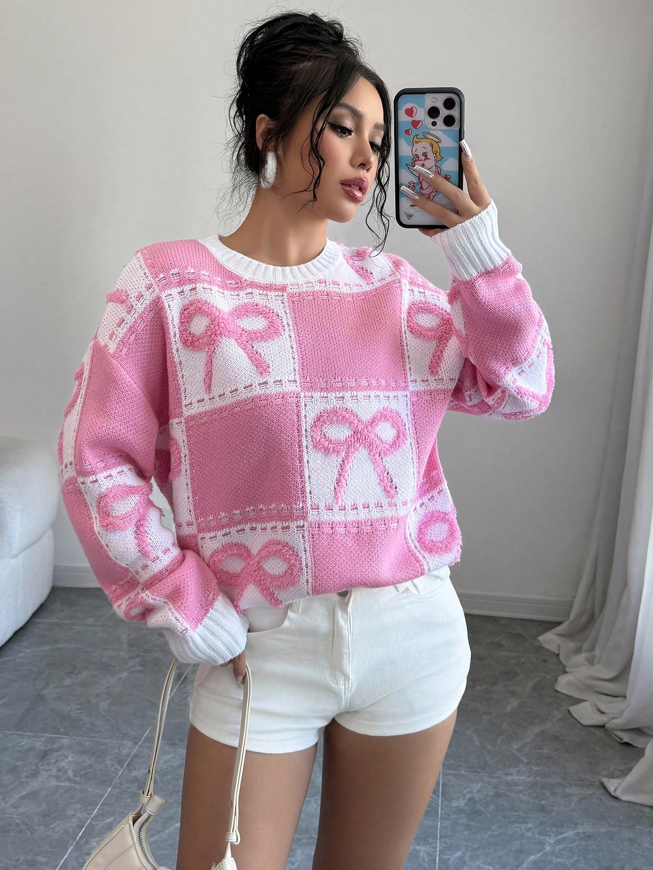 Selianne 2024 Round Neck Design Checkered Splicing 3D Bow Knitted Sweater,Long Sleeve Tops Fall Winter Outfit | SHEIN