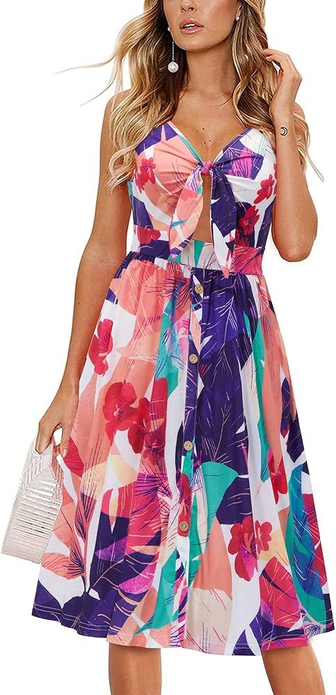 STYLEWORD Women's Summer Floral V Neck Tie Front Short Sleeve Spaghetti Strap Sundress Midi Casual D | Amazon (US)