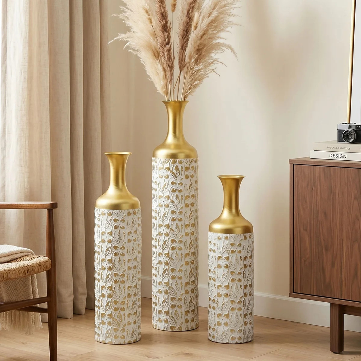 Medhansh Metal Floor Vase, Tall Decorative Vase with Floral Relief Pattern, Antique White Finish ... | Wayfair North America