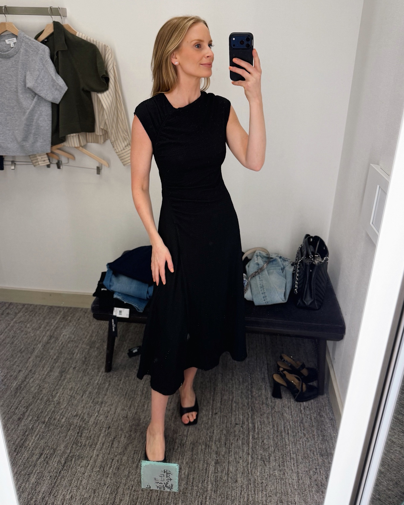 A black midi dress that works for any occasion! Love the textured fabric and ruched details for a more elevated, tailored look. Swipe for a  closeup! I’m in the XS! #nsale #nordstrom #anniversarysale