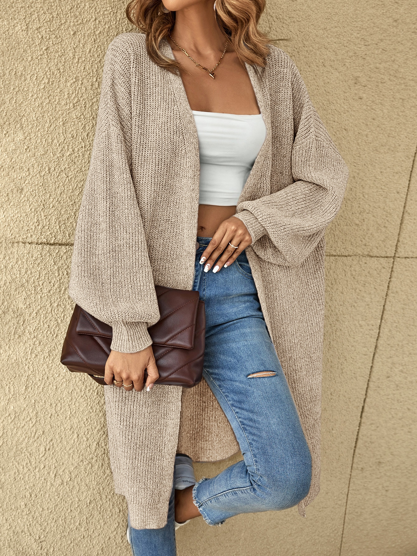 SHEIN LUNE Drop Shoulder Ribbed Knit Duster Cardigan | SHEIN