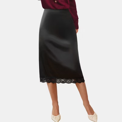 Women's Elegant Satin Midi Skirt with Lace Trim - Cupshe-S-Black | Target