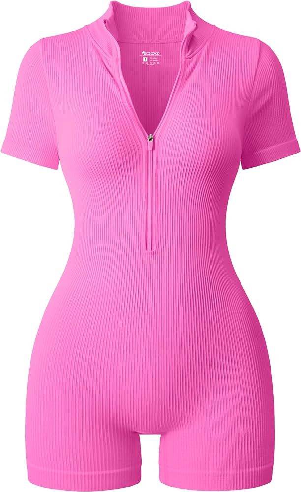 OQQ Women Rompers Ribbed Short Sleeve Zip Front Stretch Tummy Control Yoga Workout Rompers | Amazon (US)