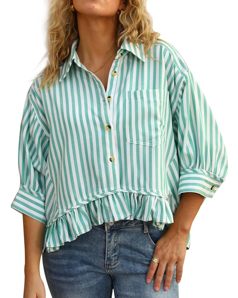 CHYRII Womens Summer Tops Dressy Casual Blouse Top Ruffled Short Sleeve Button Down Striped Shirt | Amazon (US)