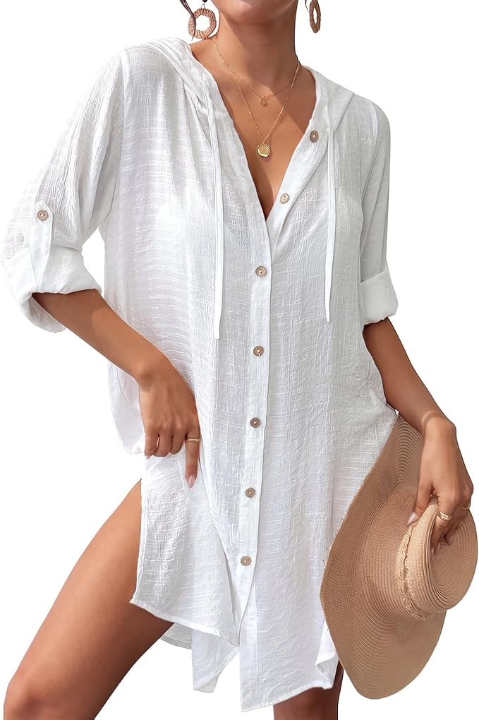 Bsubseach Bathing Suit Cover Up for Women Long Sleeve Swimsuit Coverup Sheer Dresses Button Down ... | Amazon (US)