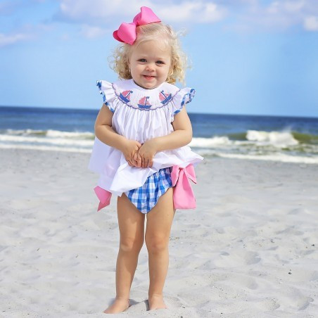 Sailboat Smocked Bloomer Set Blue and Pink Plaid | Classic Whimsy