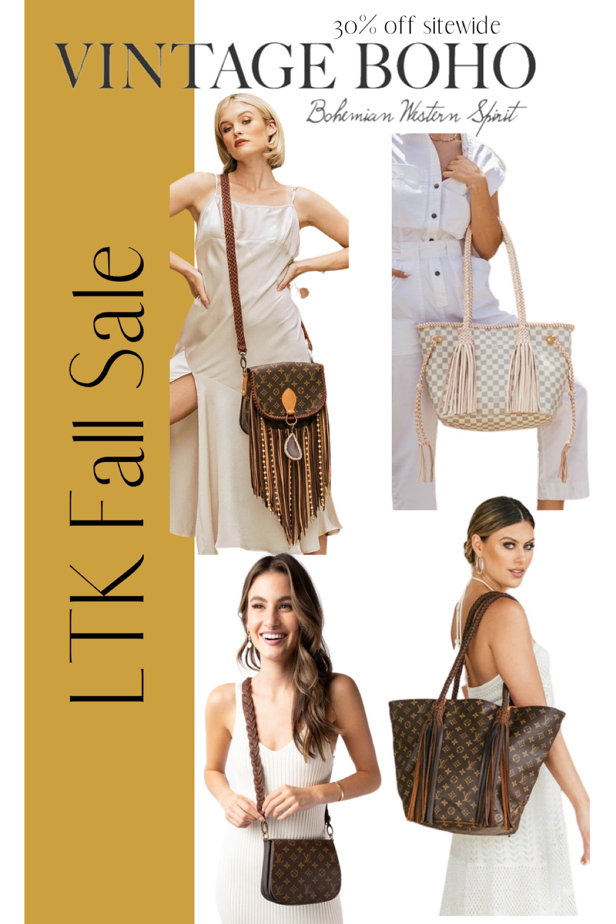 Vintage Boho is 30% off SITEWIDE for the LTK Sale!! Today-Sept 20, exclusively in the LTK app.

Bags, designer, designer bags, vintage, vintage prints, renewed, fringed bags, Louis Vuitton, LV, backpack, crossbody, weekender bag, duffel bag, travel, daily purse, designer purse, wallet, fringe, braided bags

#LTKitbag #LTKstyletip #LTKSale