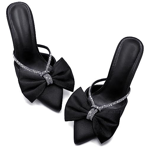 Coutgo Womens Bow Heels Mules Pointed Closed Toe Sandals Rhinestone Satin Backless Wedding Shoes, Black, Size 9.5 | Amazon (US)