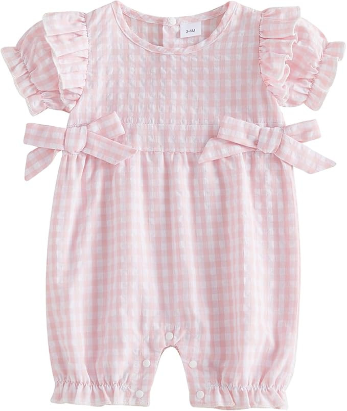 Baby Girl Bubble Romper Newborn Infant Ruffle Short Sleeve Toddler Plaid Jumpsuit Summer Outfit C... | Amazon (US)