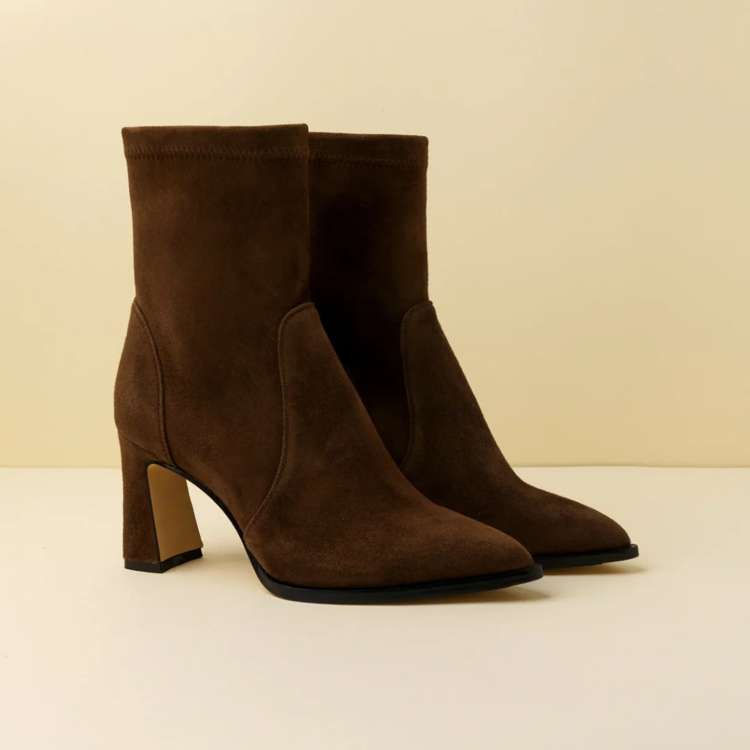 Chocolate Brown Suede Bold Block Sock Bootie | ALLY Shoes