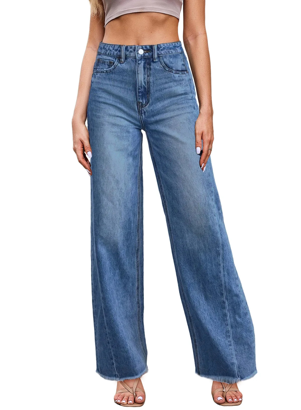 DOKOTOO Women's Wide Leg Jeans High Waisted Loose Fit Strechy Comfort Raw Hem Frayed Denim Pants | Walmart (US)