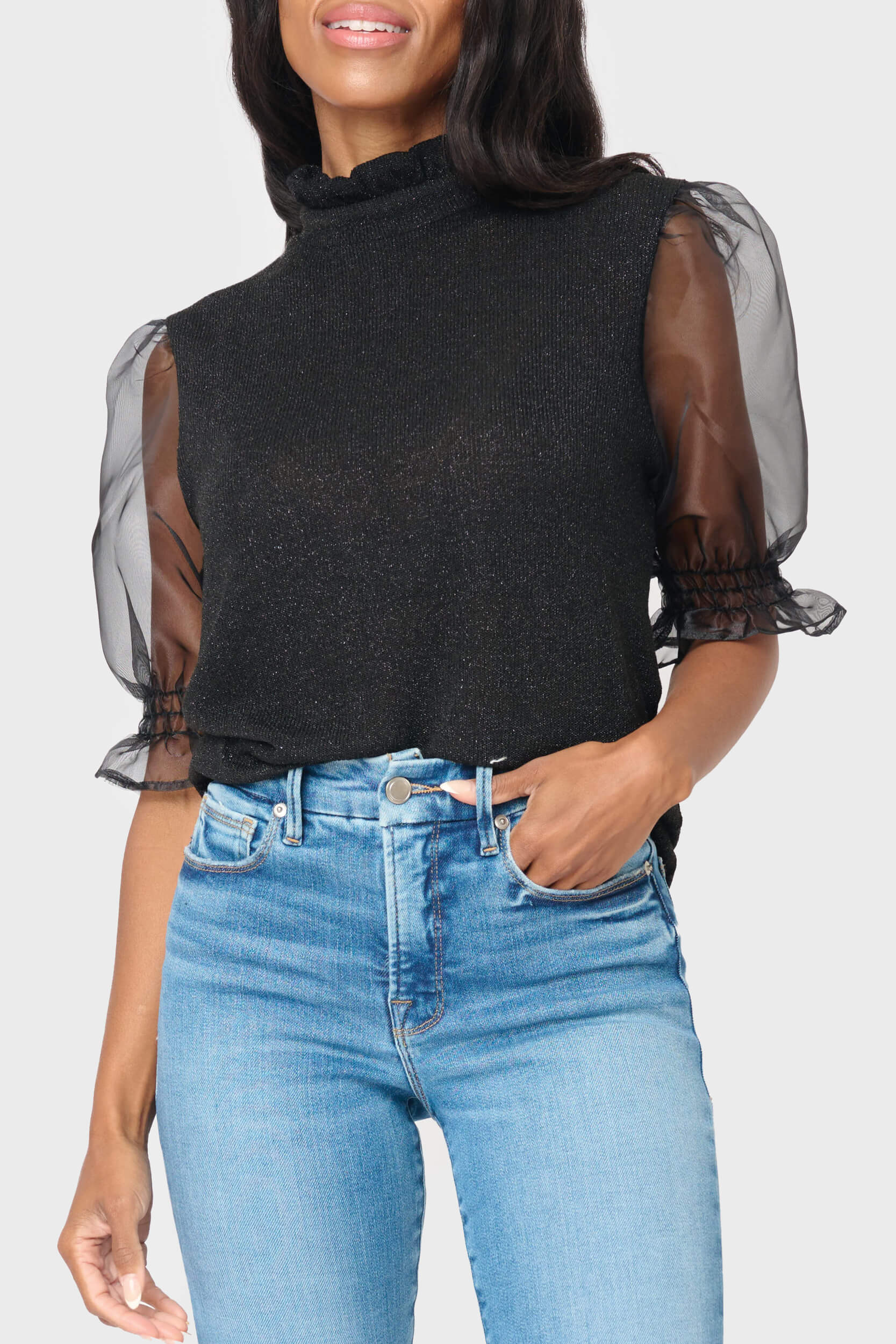 Feminine Ruffle Top with Organza Puff Elbow Sleeve | Gibson