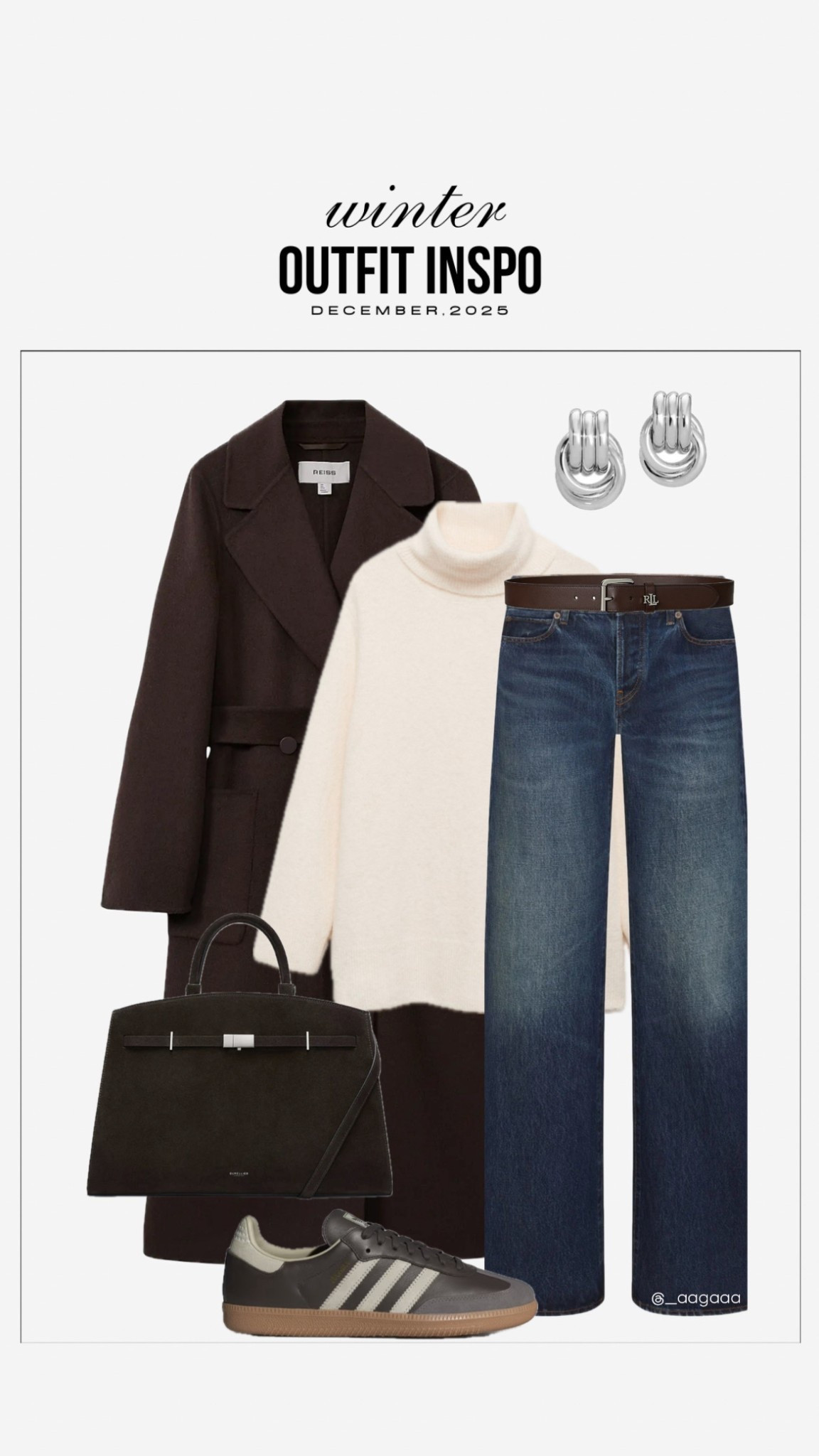 Winter outfit, winter fashion, dark brown coat, cream sweater, dark blue jeans, silver knot earrings 

#LTKFindsUnder50 #LTKWorkwear #LTKootd