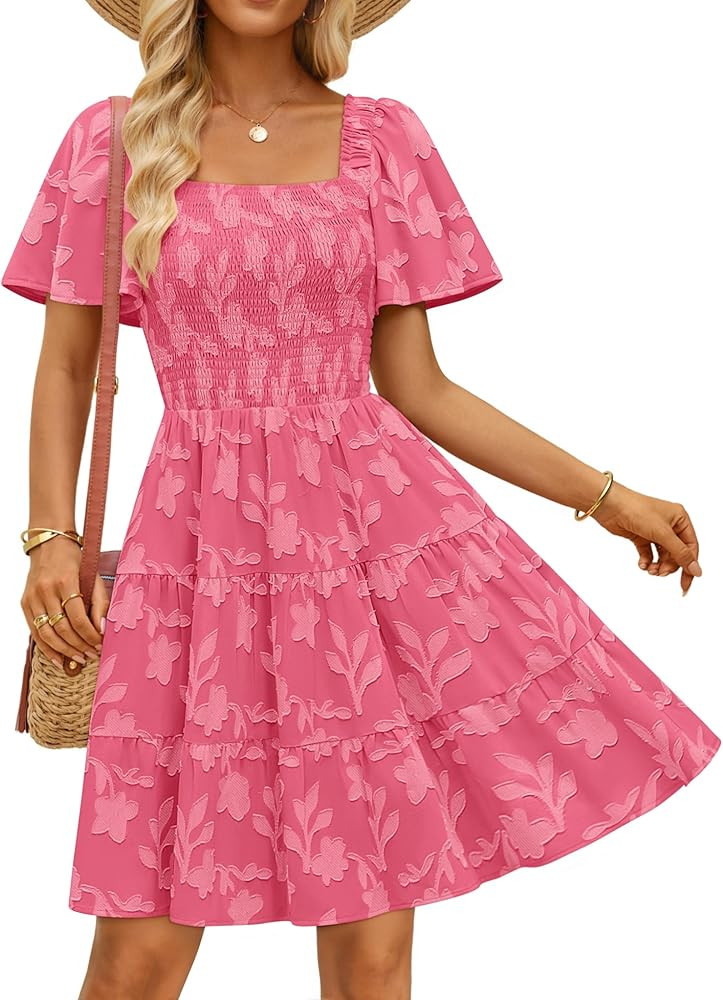 ZESICA Women's Summer Boho Floral Mini Dress 2026 Casual Short Sleeve Square Neck Swing Beach Vac... | Amazon (US)