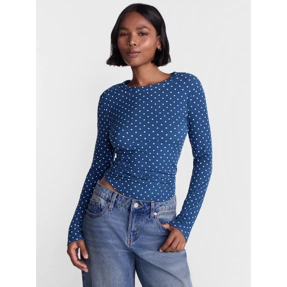 No Boundaries Ribbed Crewneck Tee with Long Sleeves, Women's & Women's Plus XXS-4X | Walmart (US)