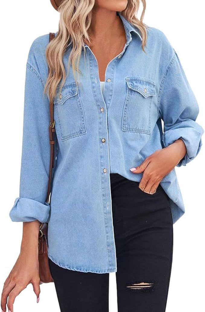 Jofemuho Women's Spring Long Sleeve Pocket Denim Jean Shirts Button Down Shirt Business Blouses | Amazon (US)