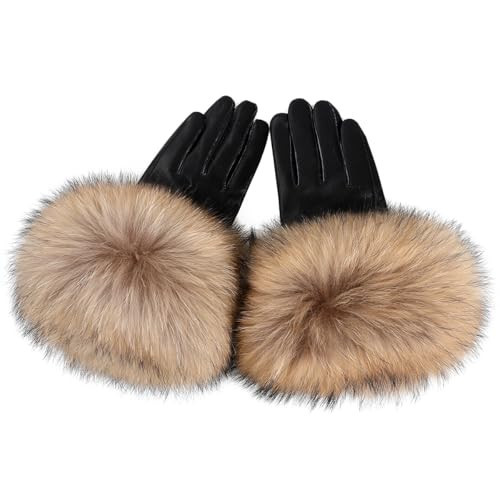 BOONJOVIA Women Genuine Lambskin Leather Gloves With Real Fox Fur Trim Cuff Winter Warm Driving Gloves-Velvet Lined(Natural Brown,Large) | Amazon (US)