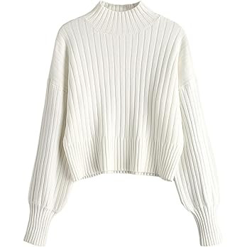 ZAFUL Women's Mock Neck Sweater Long Sleeve Ribbed Knit Basic Cropped Pullover Sweater (0-White) at  | Amazon (US)
