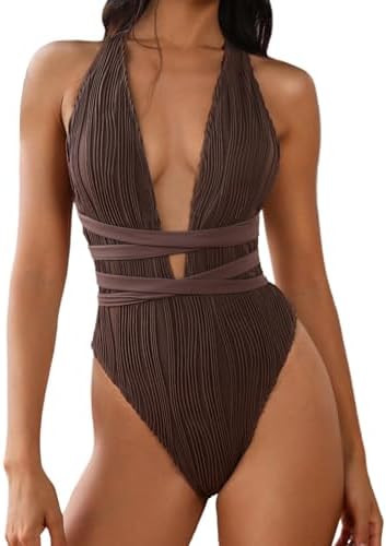 ZAFUL Women's One Piece Swimsuit Deep V Neck Ribbed Self Tie Sexy High Cut Bathing Suit Crisscros... | Amazon (US)