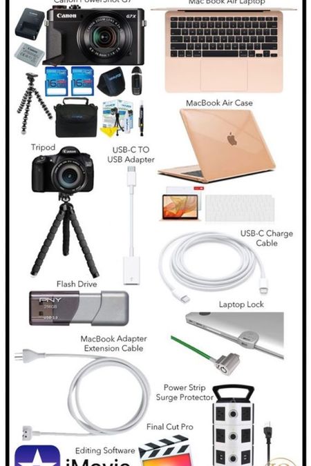 Best tools for vlogging // gifts for college students to document the journey // 1. Canon PowerShot G7 // 2. Tripod // 3. Mac Book Air Laptop // 4. MacBook Air Case // 5. Power Strip Surge Protector // 6. USB-C TO USB Adapter // 7. USB-C Charge Cable // 8. Flash Drive // 9. MacBook Adapter Extension Cable // 10. iMovie or Final Cut Pro // 11. Ring Light // 12. Laptop Lock // 13. Camera Case

#LTKGiftGuide #LTKHoliday #LTKfindsunder50