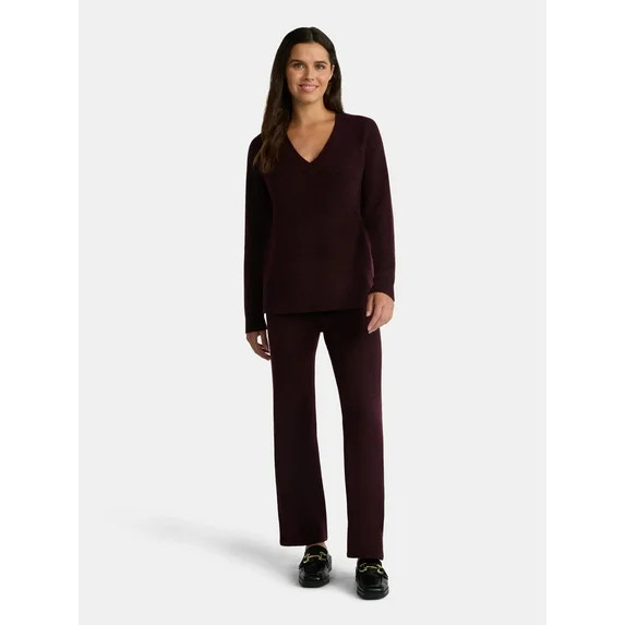 Time and Tru Women’s V Neck Sweater and Pants Set, 2-Piece, Sizes XS-XXXL | Walmart (US)