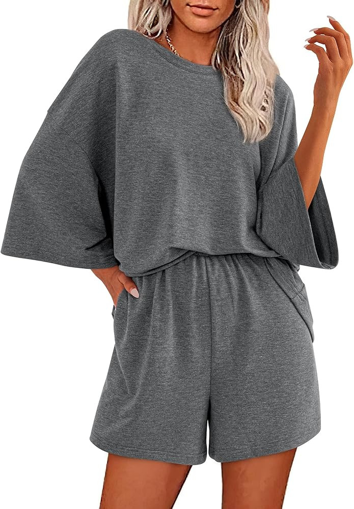 BTFBM Women Summer 2 Piece Outfits 2025 Matching Set Casual 3/4 Sleeve Tops Elastic Waist Shorts ... | Amazon (US)