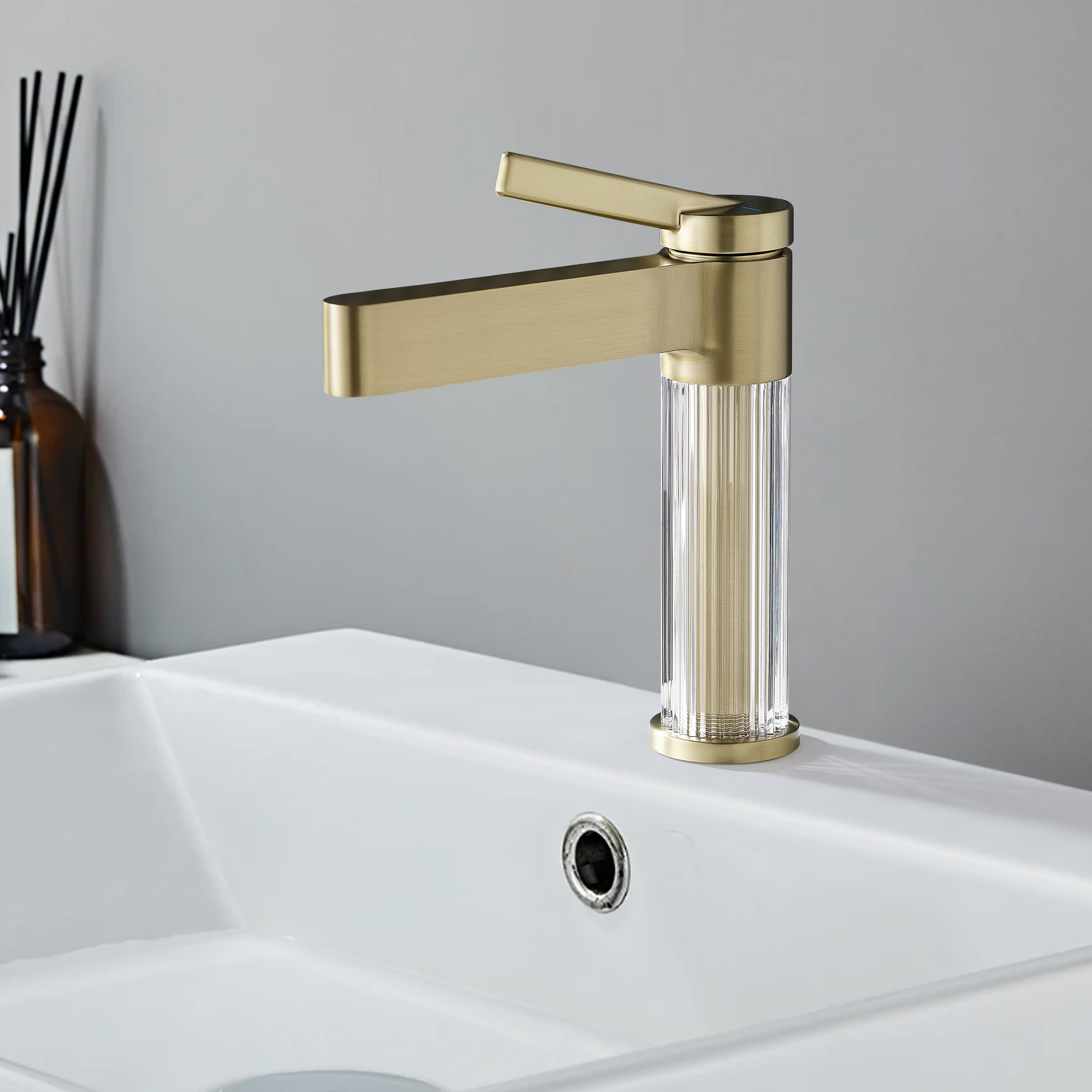 Luxury Brushed Gold Bathroom Faucet – Solid Brass Body with Acrylic Column | Homary