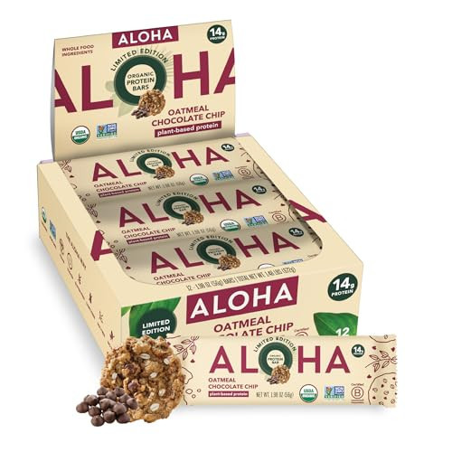 ALOHA Organic Plant Based Protein Bars - Oatmeal Chocolate Chip - 12 Count, 1.9oz Bars - Vegan Snacks, Low Sugar, Gluten-Free, Low Carb, Paleo, Non-GMO, Stevia-Free, No Sugar Alcohols | Amazon (US)