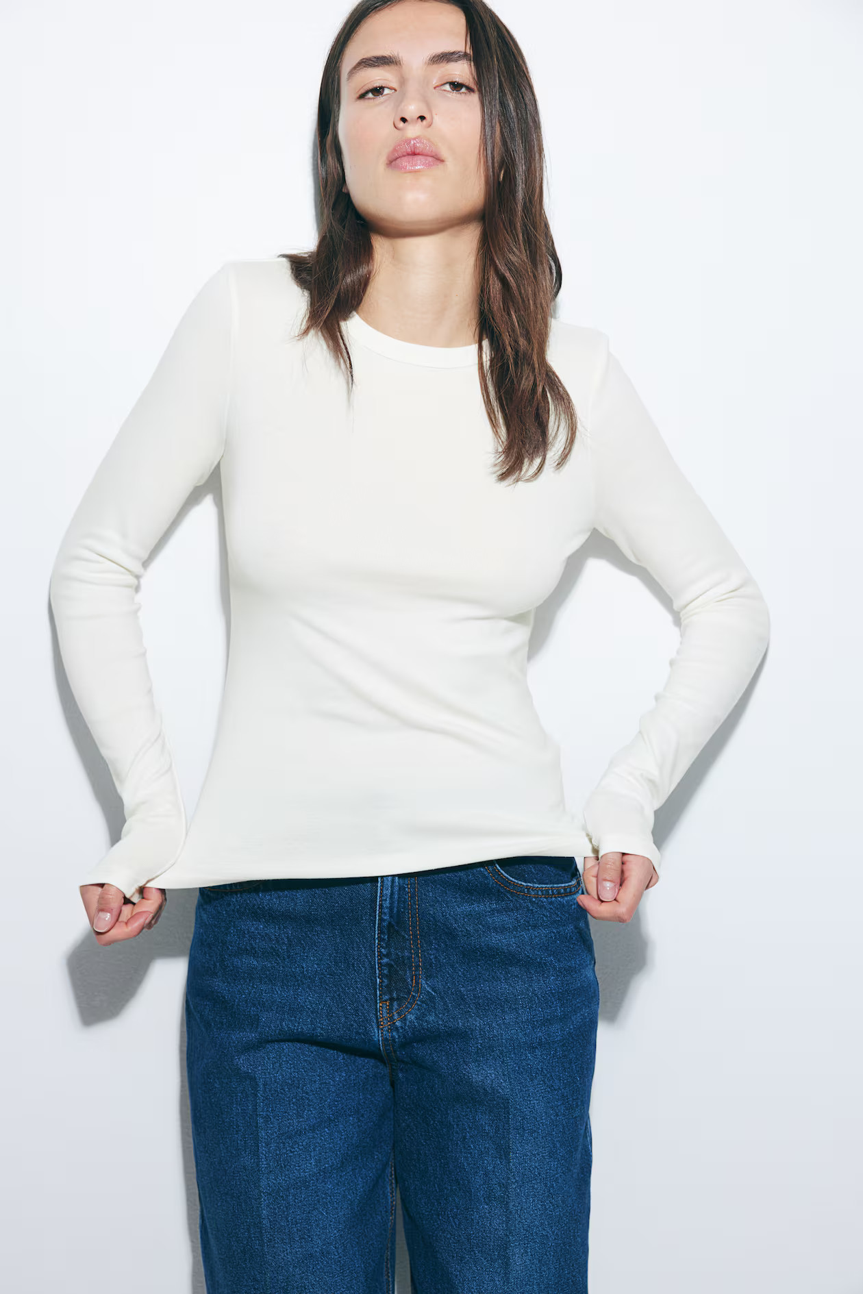 Long-sleeved Jersey Top - Blue-gray - Ladies | H&M US | H&M (US, CA, MX)