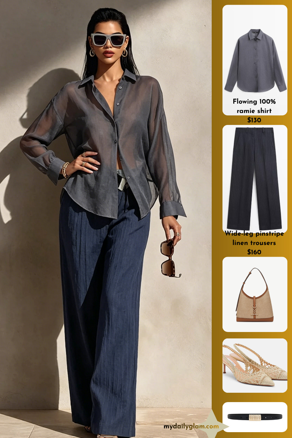 Semi-Sheer Charcoal Linen Oversized Shirt & Dark Grey Pinstripe High Waist Linen Wide Leg Trousers Quiet Luxury Monochrome Office Outfit

#QuietLuxuryStyle #MonochromeLinenSet #LinenWorkwear 

 #LTKootd #LTKOver40 #LTKWorkwear