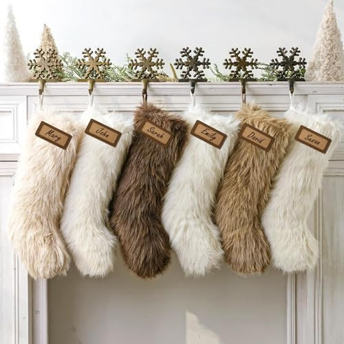 Rustic Christmas Personalized Stockings, 6 Pcs 18 Inch Luxury Thick Plush Faux Fur Stockings, Neutral Colors White Brown Cream, FarmhouseMerry Christmas Home Decor Xmas Party Decorations Winter Gifts | Amazon (US)
