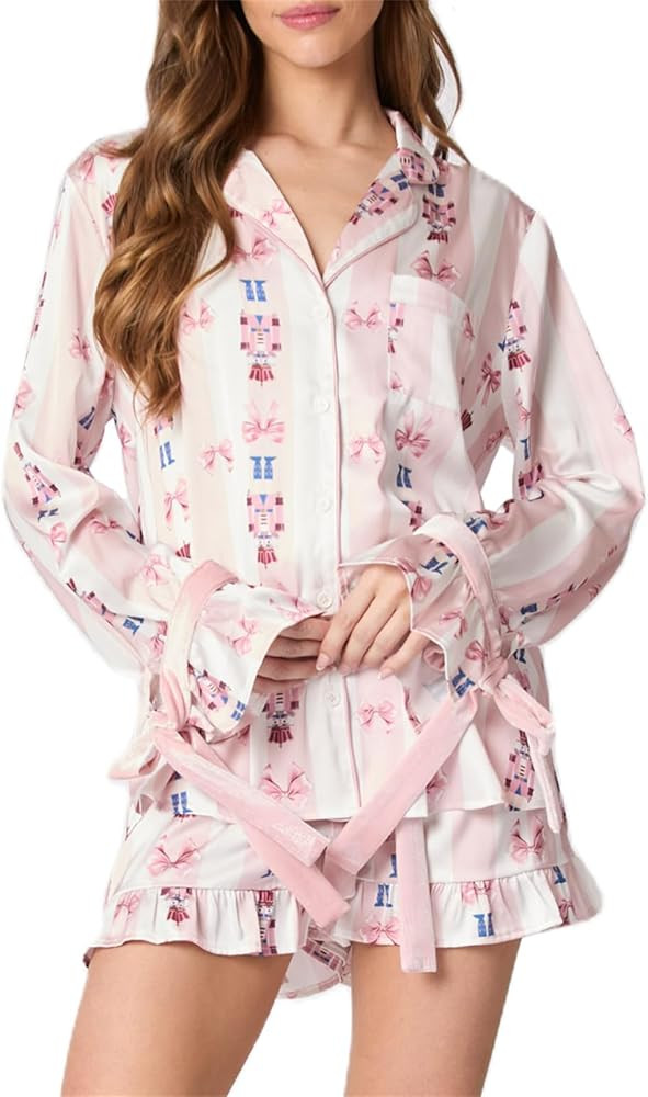 Cute Christmas Pajamas Set for Women Bow Tie Long Sleeve Shirt Ruffle Shorts 2 Piece Outfit Silk ... | Amazon (US)
