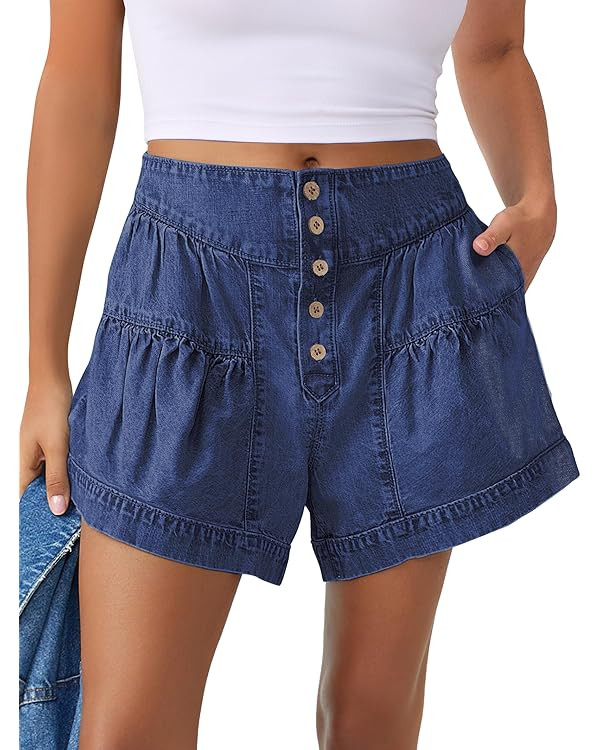 ANRABESS Women's Denim Shorts Summer Baggy High Waisted Flowy Wide Leg Buttons Pleated Casual Jea... | Amazon (US)