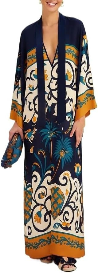 Summer Ethnic Printed Maxi Dress for Women Tie Up 3/4 Sleeve Long Flowy Bohemian Beach Party Dres... | Amazon (US)
