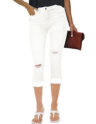 luvamia Women's Casual High Waist Ripped Capri Jeans Brilliant White Distressed Jeans Women White Jeans for Women Stretchy Womens Skinny Jeans High Waisted Size Large Fits Size 12 / Size 14 | Amazon (US)
